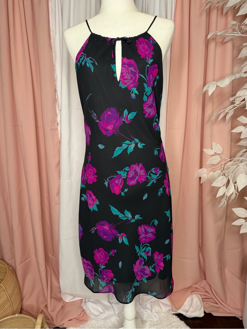Express Black Slip Dress with Fuchsia & Teal Floral Print